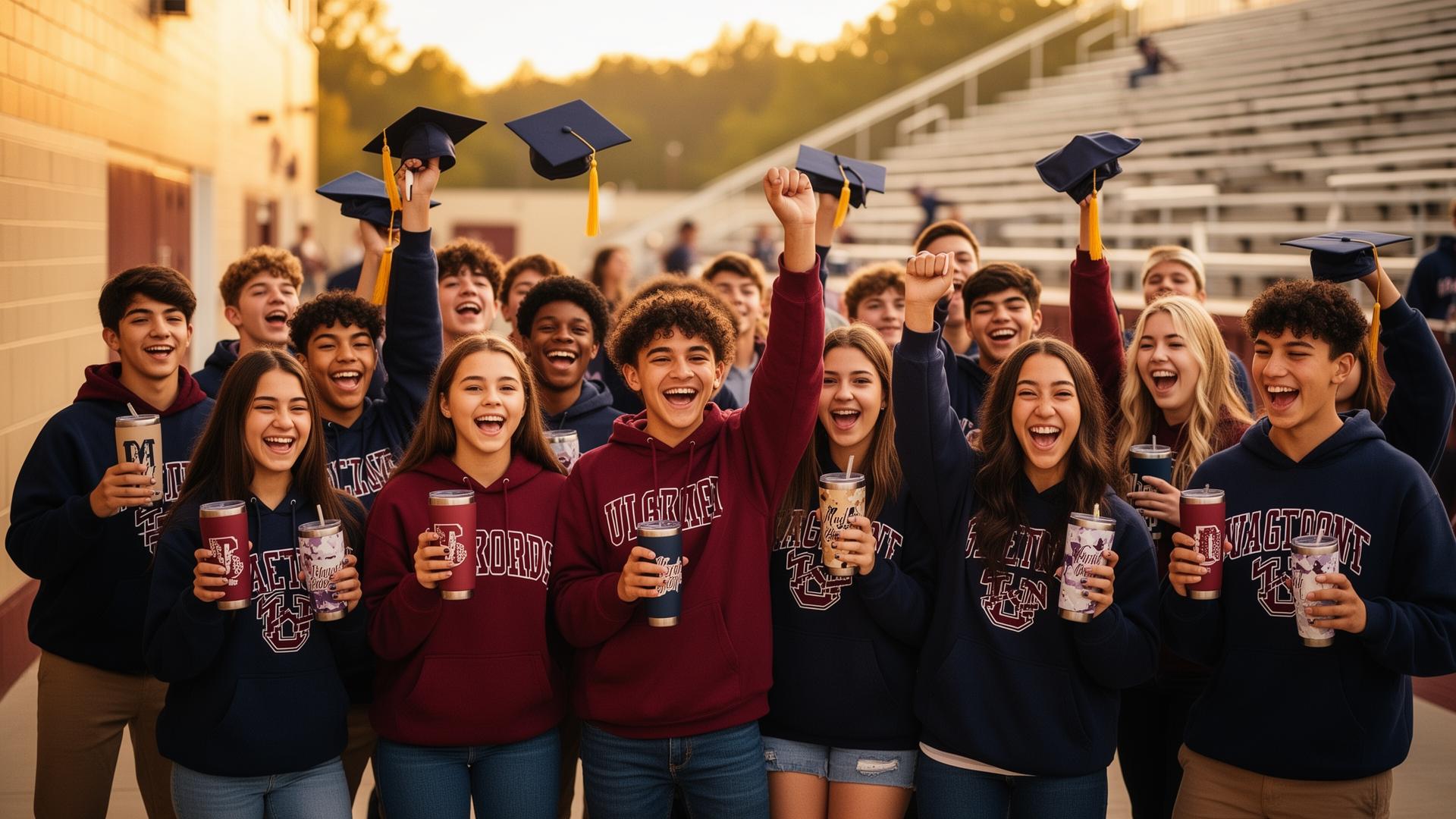 Students celebrating in custom school spirit wear